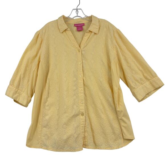 Woman Within Blouse Size 1X Yellow Embroidered Button Up Elbow Sleeve Cotton - Picture 1 of 8